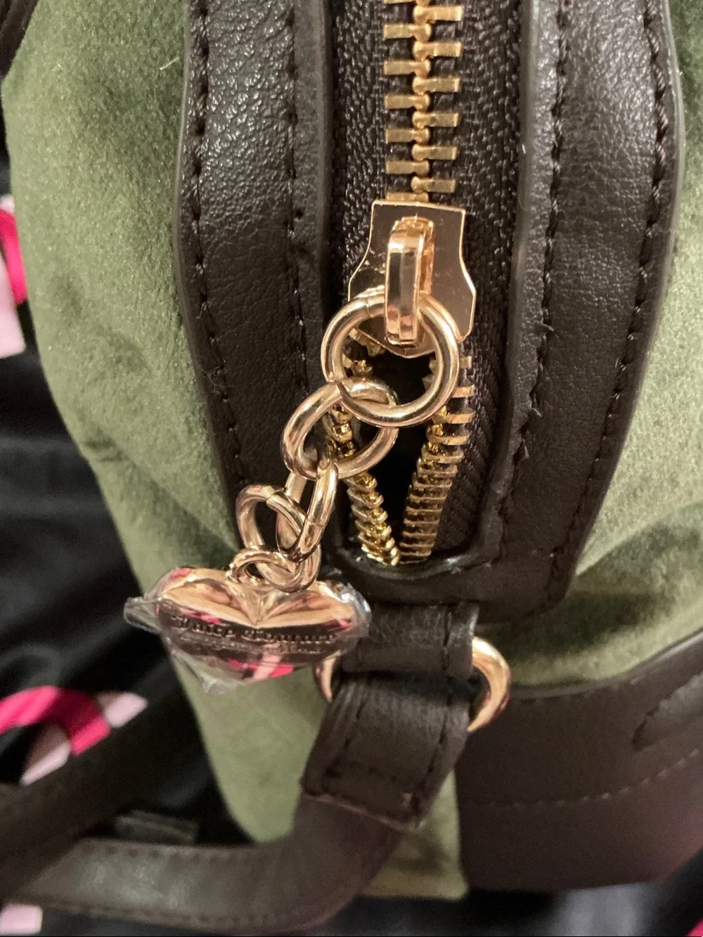 Juicy Couture Green velour Tote with brown trim, adjustable strap attached, NWT